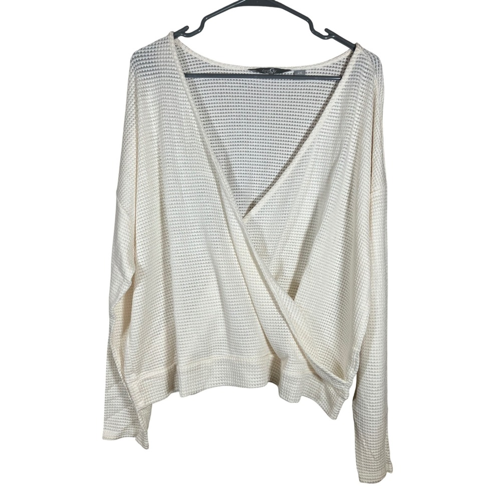 Laun Gy Guliana Cream Waffle Knit Wrap Top Long Sleeve Lightweight 2X Plus Size